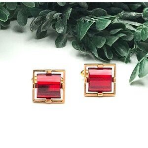 Vintage Square Red Gemstone Gold-Tone Cufflinks
